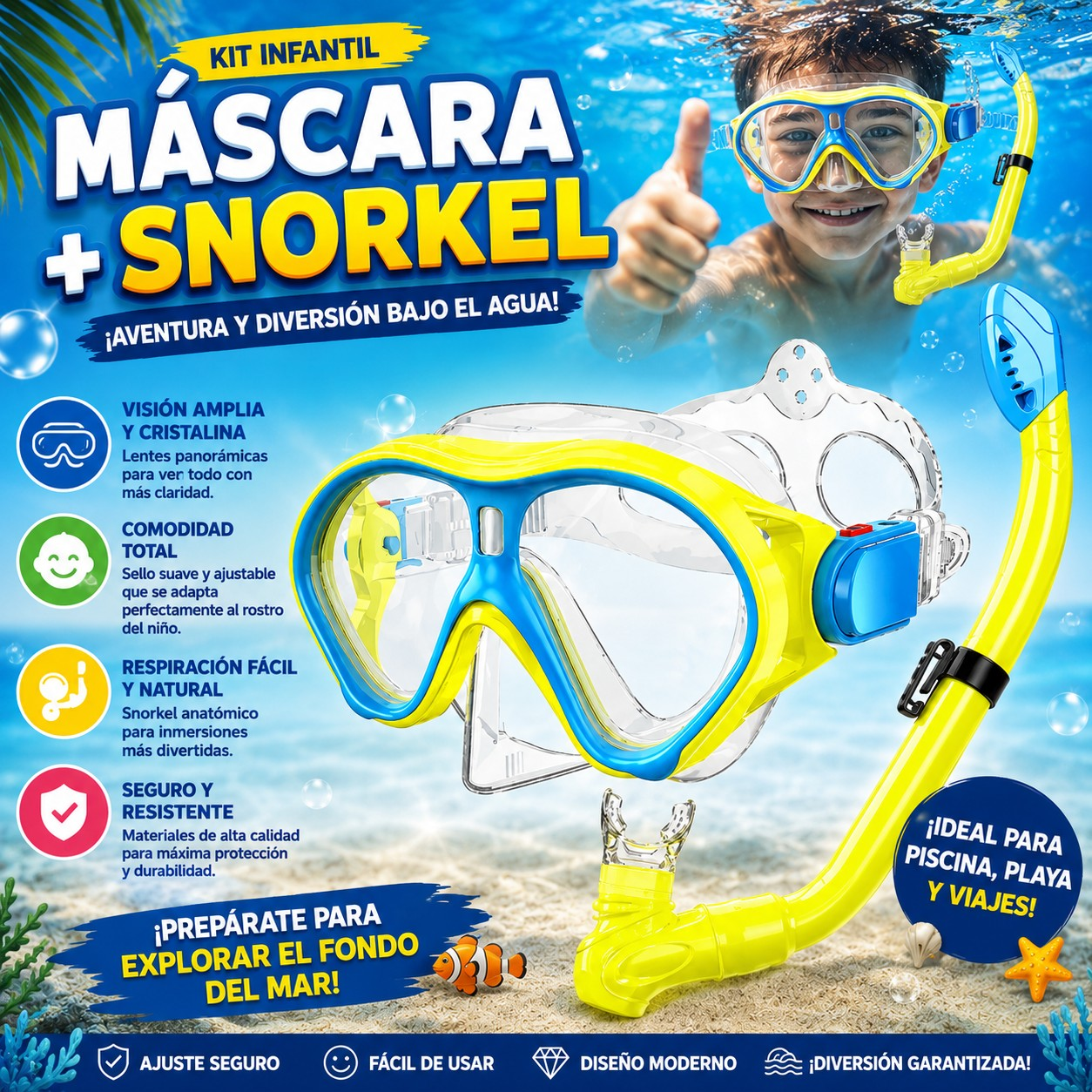 🌊 Máscara de Buceo Infantil con Snorkel – ¡Diversión Segura para Pequeños Exploradores! 🐠